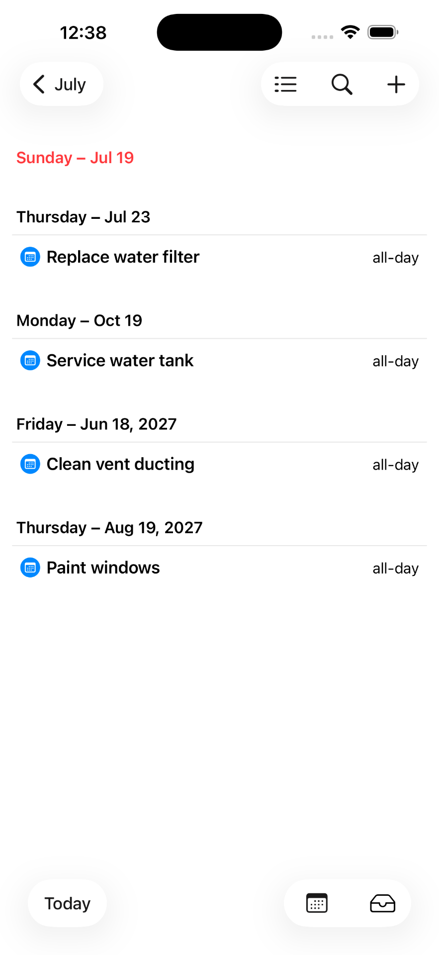 Upcoming tasks shown chronologically like a calendar agenda.
