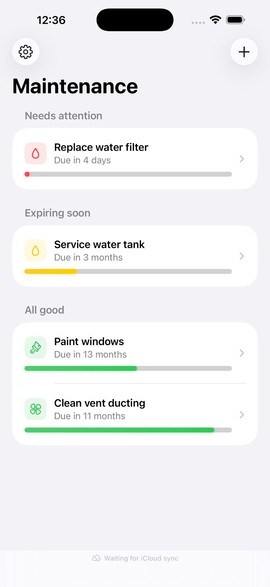 Homey home screen showing tasks color-coded by status.