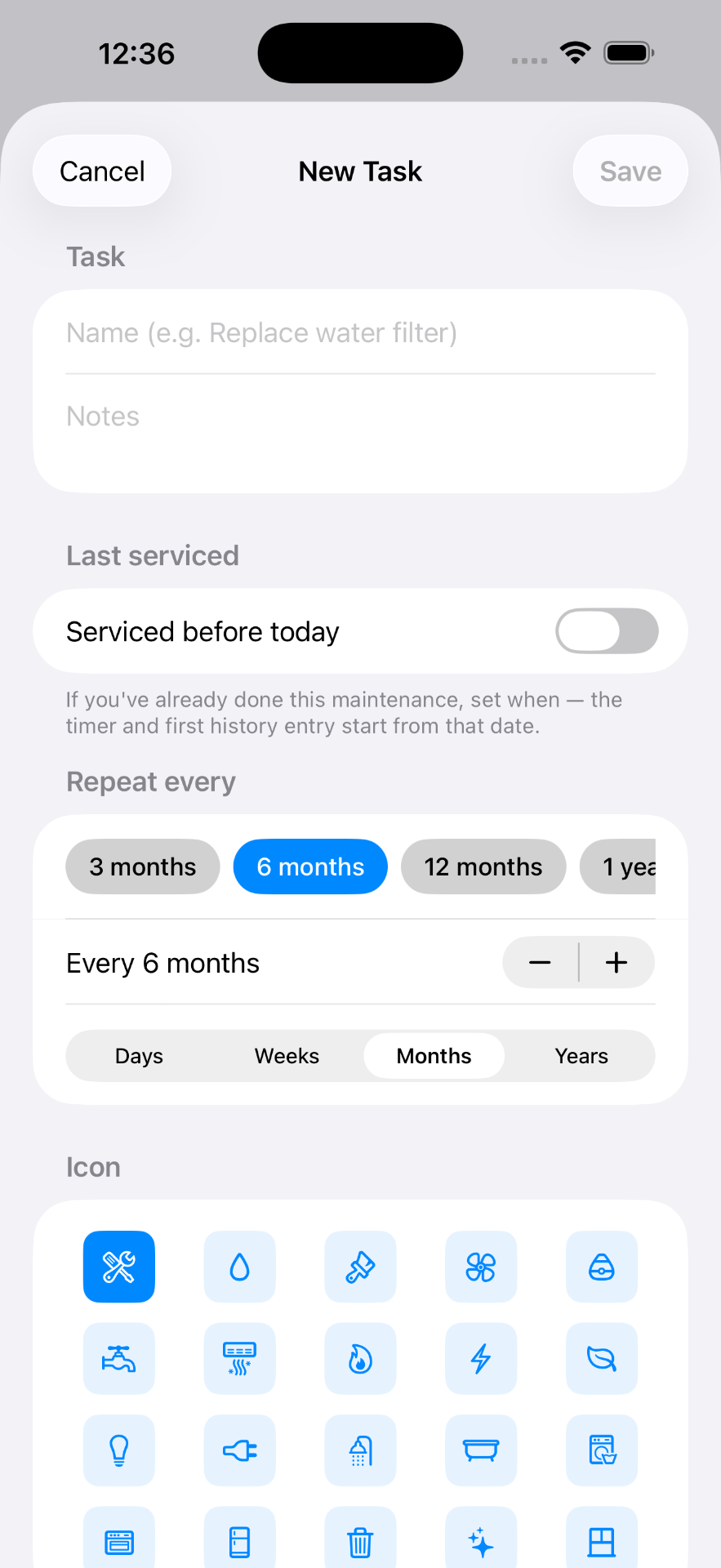 Creating a new recurring task in Homey with an icon picker and repeat interval.